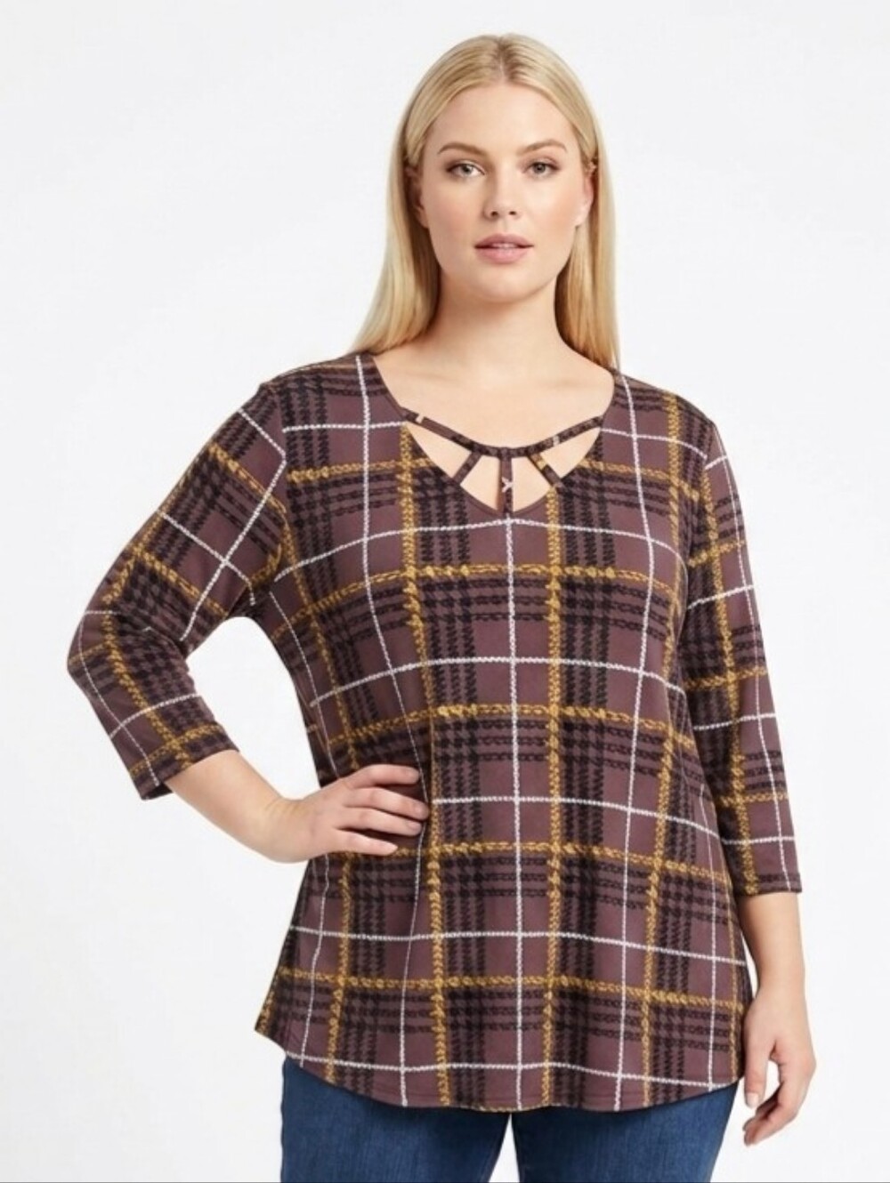 C Est 1946 Womens Tunic Top 18/20W Purple Plaid Lattice V-Neck Pullover 3/4 Sl